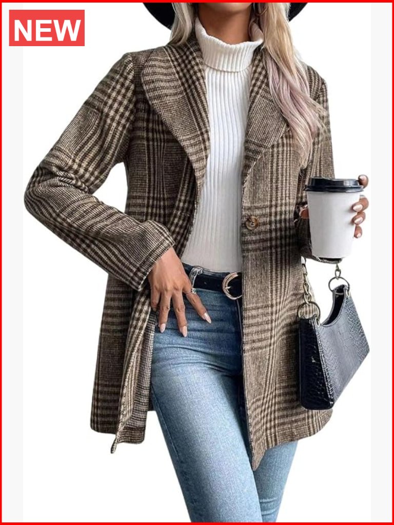 Vintage Plaid Blazer Wool Blend Shawl Collar Coat